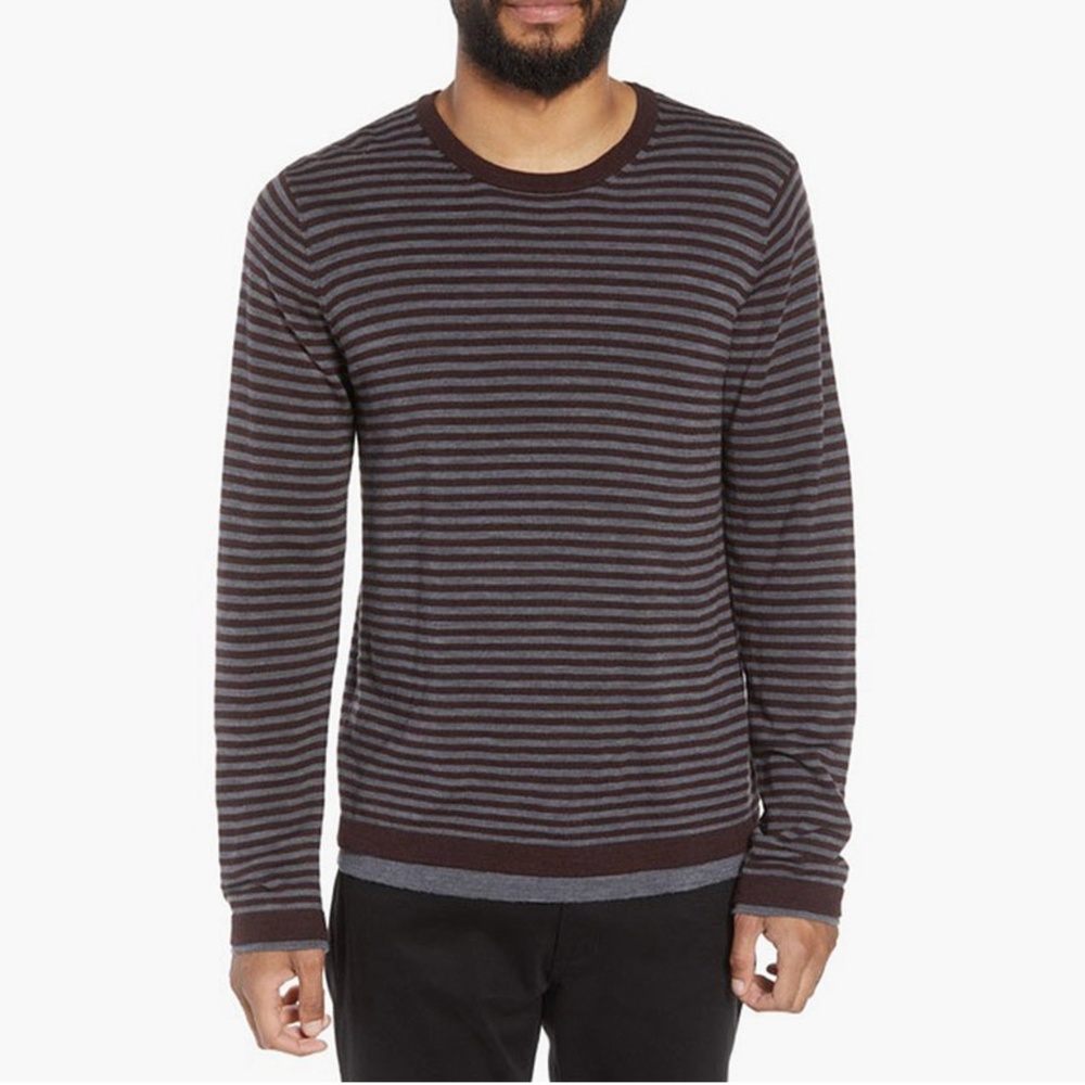 Vince Striped Double Layer 100% Merino Wool Sweater Burgundy Gray Size XXL
